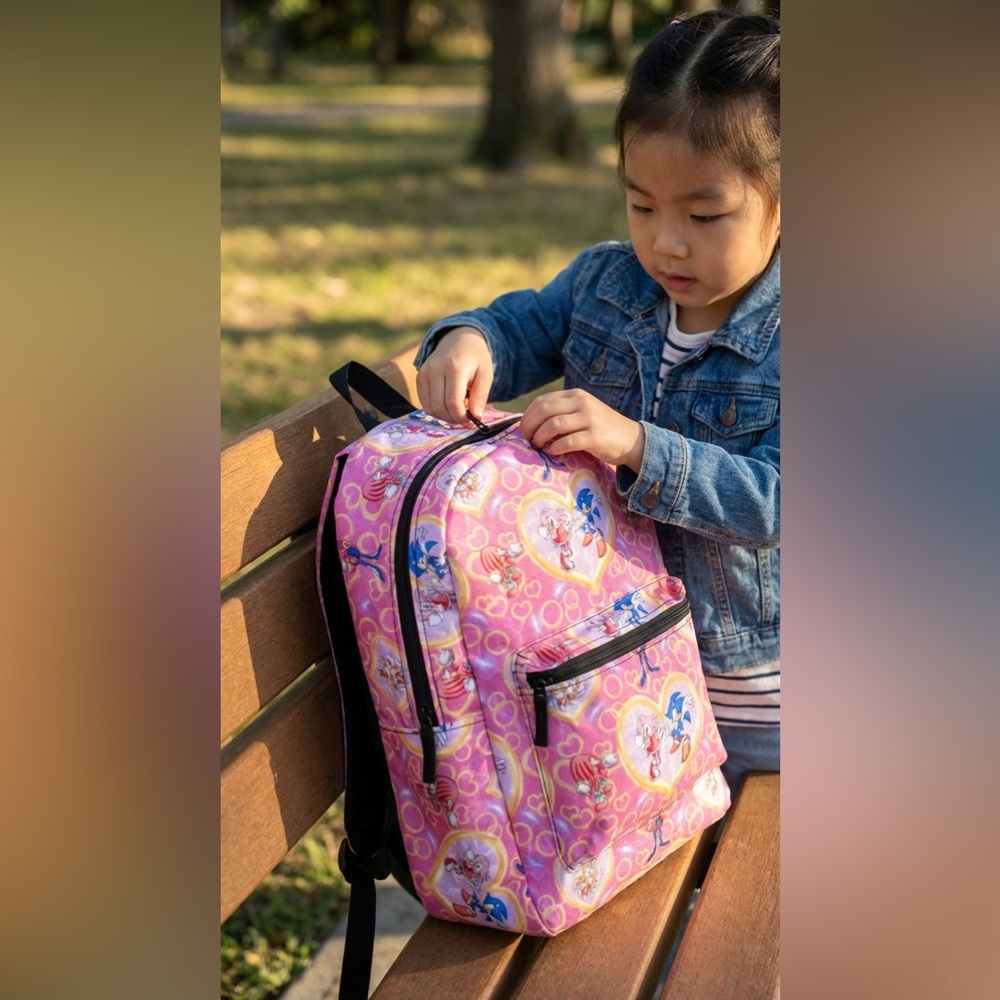 Pink Sonic Backpack – Cartoon Print – Hearts & Characters – Kids School Bag